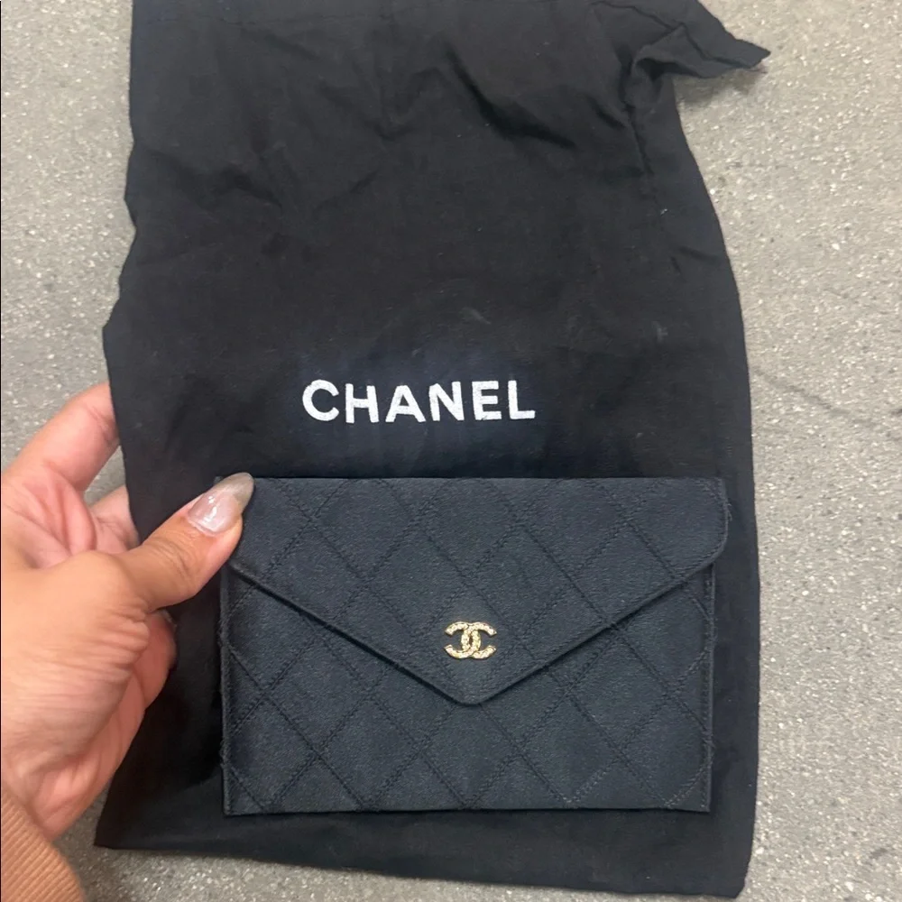 Authentic CHANEL Black Satin Quilted Clutch with Gold Logo - Picture 9 of 12
